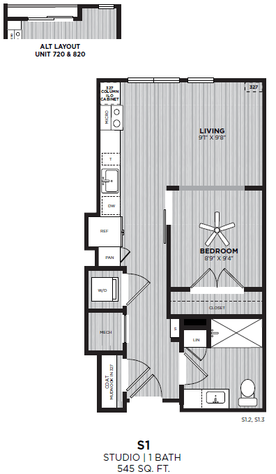 Floor plan for studio, 1 bath, 545 sqft